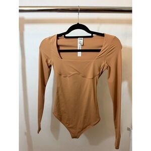 NWT Victoria's Secret PINK Square Neck Long Sleeve Bodysuit Tan Brown XS